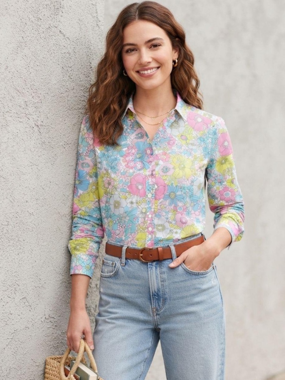 Talbots classic cotton pastel retro floral button front blouse